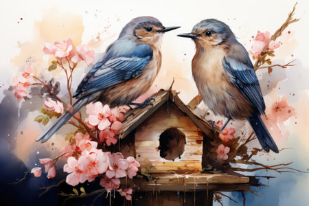 Garden birds on the birdhouse with spring flowers. Generative AIの素材