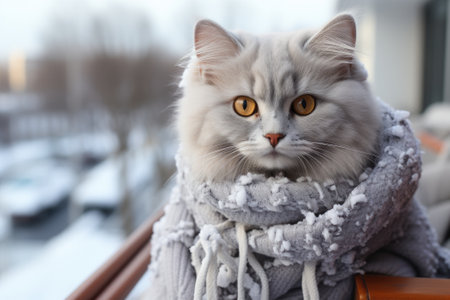 A gray cat sits outdoors in frosty winter. Generative AIの素材