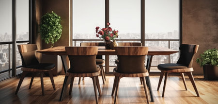 Interior design of modern dining room, wooden table and brown chairs. Generative AIの素材