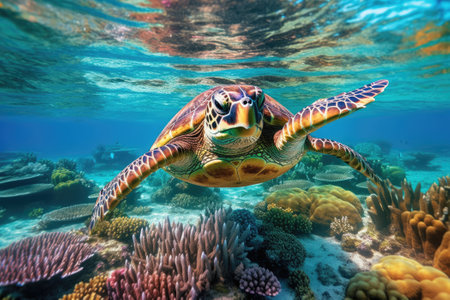 Underwater sea turtle. Diving scene of turtle undersea. Generative AIの素材