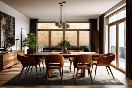 Interior design of modern dining room, wooden table and brown chairs. Generative AIの素材