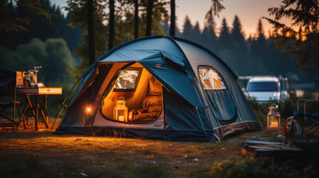 Camping picnic tent campground in outdoor hiking forest. Generative AIの素材