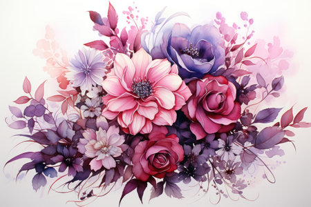Botanical purple and red flower watercolor bouquet elegance blooming. Generative AIの素材