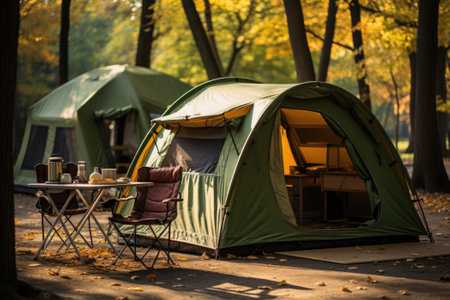 Camping picnic tent campground in outdoor hiking forest. Generative AIの素材