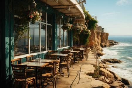 Restaurant outside by the sea. Generative AIの素材