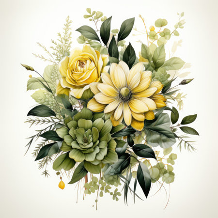 Botanical green and yellow flower watercolor bouquet elegance blooming. Generative AIの素材