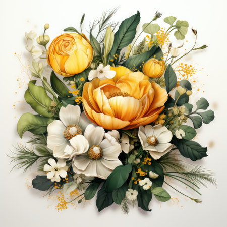 Botanical green and yellow flower watercolor bouquet elegance blooming. Generative AIの素材