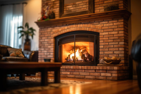 Spacious room and brick fireplace. Generative AIの素材