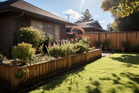 Wooden fence with green lawn. Generative AIの素材