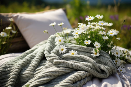 Picnic blanket and spring daisy flowers. Generative AIの素材