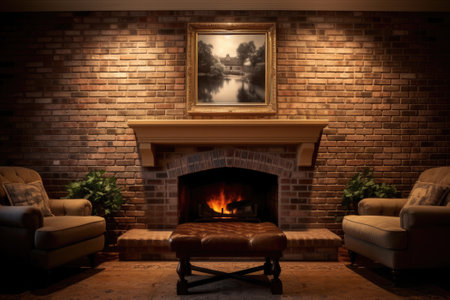 Spacious room and brick fireplace. Generative AIの素材