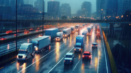 Trucks on the highway. Transportation theme. Road cars theme. Generative AIの素材