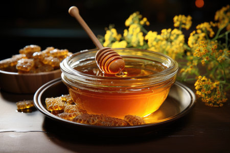 Honey in a glass bowl. Generative AIの素材