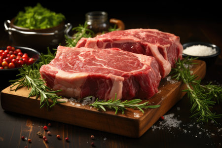 Raw meat, veal ossobuco, on a wooden cutting board. Generative AIの素材