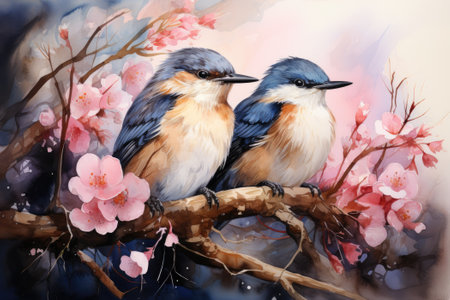 Garden birds with spring flowers. Generative AIの素材