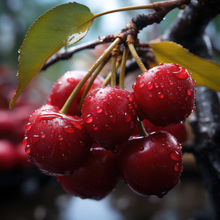 Red cherries on tree in cherry orchard. Generative AIの素材