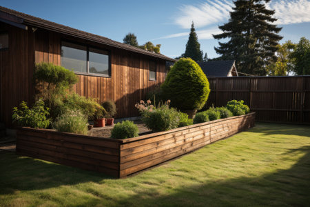 Wooden fence with green lawn. Generative AIの素材