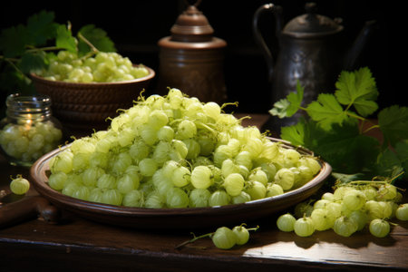Basket with fresh gooseberries on the table. Generative AIの素材