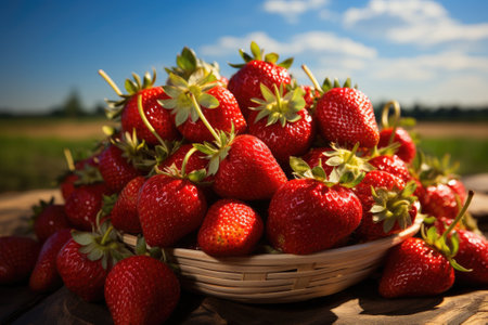 Basket of ripe strawberries in a sunny day. Generative AIの素材