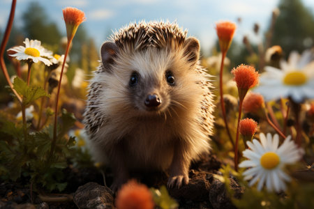 Baby hedgehog in spring green grass with flowers. Generative AIの素材