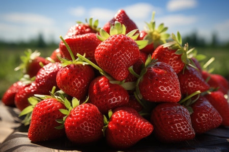 Basket of ripe strawberries in a sunny day. Generative AIの素材