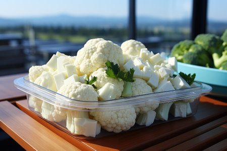 Plastic container with different fresh cut cauliflower. Generative AIの素材