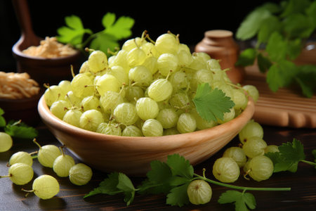 Basket with fresh gooseberries on the table. Generative AIの素材