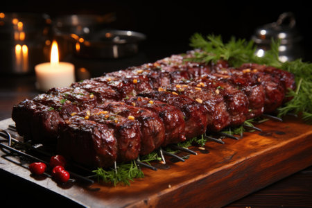 Meat kebab grilled on a grill grid. Generative AIの素材