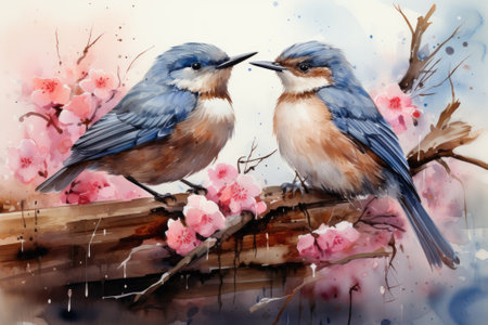 Garden birds with spring flowers. Generative AIの素材