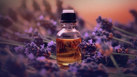 Lavender essential oil bottle with fresh flowers. Generative AIの素材
