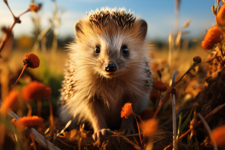 Baby hedgehog in spring green grass with flowers. Generative AIの素材