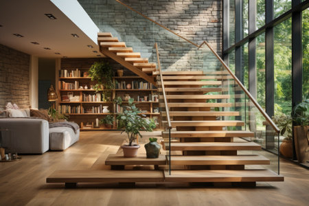 Modern staircase with wooden steps in flat. Generative AIの素材