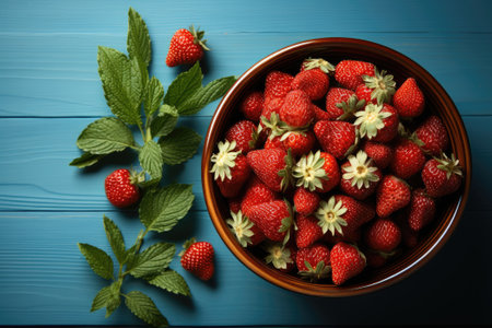 Plate of delicious ripe strawberries on light blue wooden table. Generative AIの素材