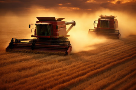Two combine harvesters. Generative AIの素材