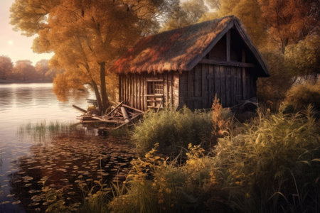 Old shack by the lake. Generative AIの素材