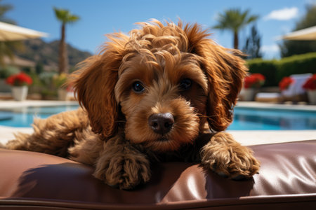 Poodle puppy sits on a lounger near the pool in the summer. Generative AIの素材
