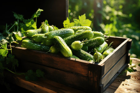 Ripe cucumbers in a wooden box. Generative AIの素材