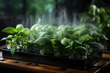Water vapor over green plants. Generative AIの素材