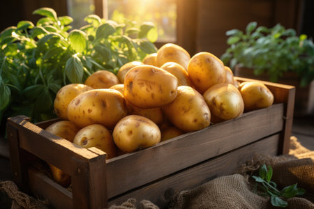 Ripe potatoes in a wooden box. Generative AIの素材