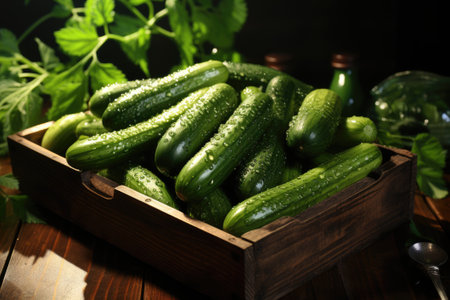 Ripe cucumbers in a wooden box. Generative AIの素材
