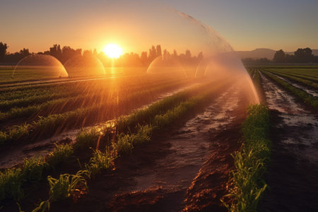 Water jets water young shoots on the field at sunset with beautiful glare irrigation. Generative AIの素材