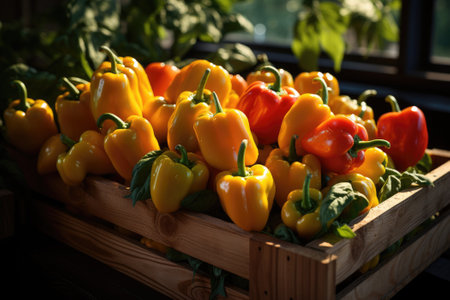 Ripe peppers in a wooden box. Generative AIの素材