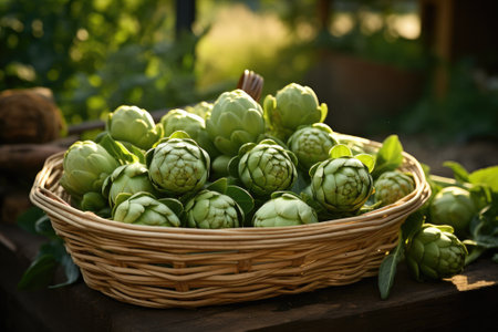 Wicker basket with fresh raw artichokes. Generative AIの素材