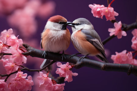 Two birds sitting on a branch with pink blossoms. Generative AIの素材