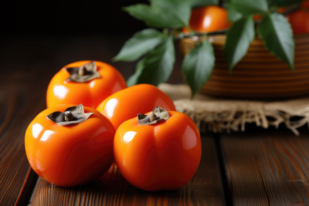 Fresh persimmon fruit on wooden table. Generative AIの素材