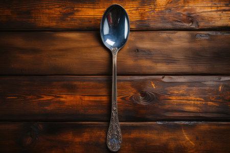 Antique spoon on a wooden table. Generative AIの素材