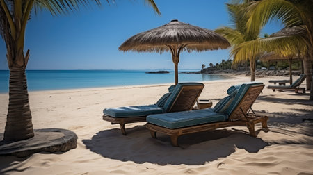 Empty lounge chairs with umbrellas. Generative AIの素材