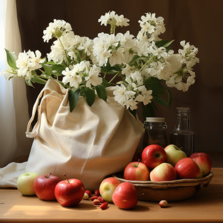 Apples and cotton bag. Eco-friendly packaging, zero waste. No plastic concept. Generative AIの素材