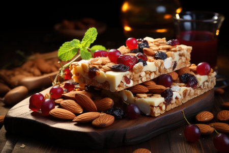 Cereal superfood energy bars with almond nuts, dry fruits, raisins chocolate. Generative AIの素材