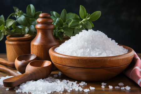 Salt in a bowl on a wooden table. Generative AIの素材